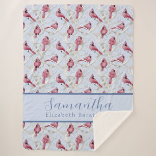 Blue Christmas Cardinal Bird Personalised Name Sherpa Blanket