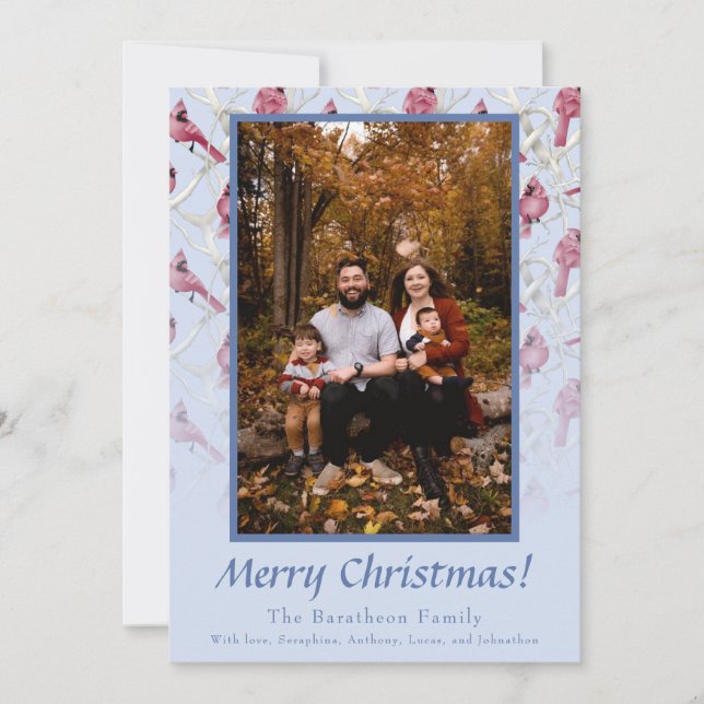 Blue Christmas Cardinal Personalised Family Holiday Card (Front)