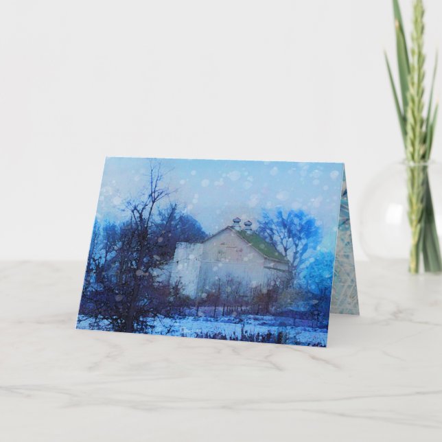 "Blue Christmas", Christmas cards, farm, barn Holiday Card (Front)