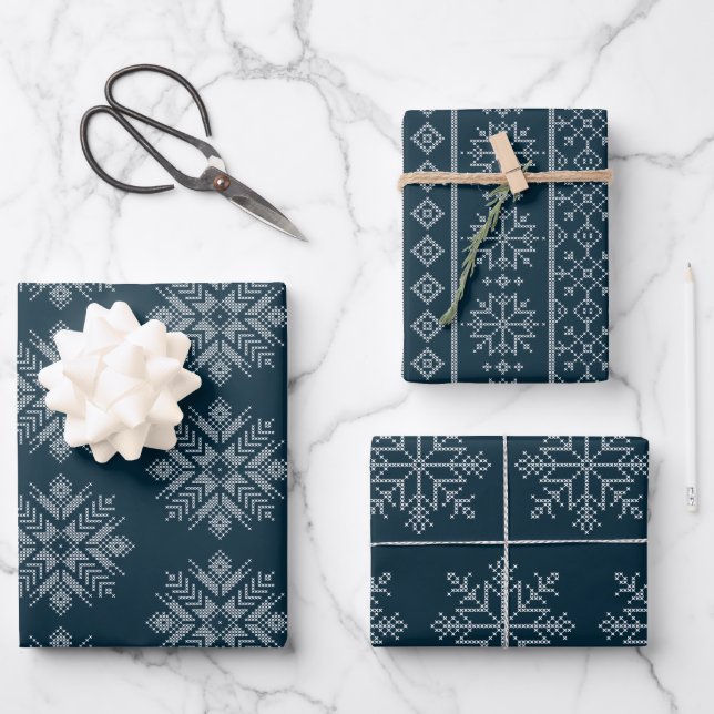 Blue christmas cross stitch winter snowflake wrapping paper sheet (Front)
