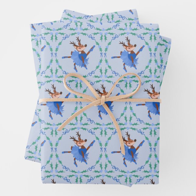 Blue Christmas Dancer the Reindeer Ballerina Wrapping Paper Sheet (In situ)