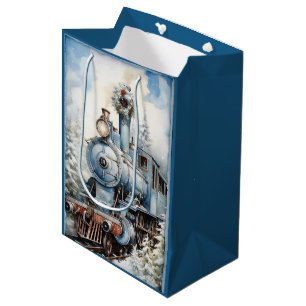 Blue Christmas Decorated Vintage Locomotive Medium Gift Bag