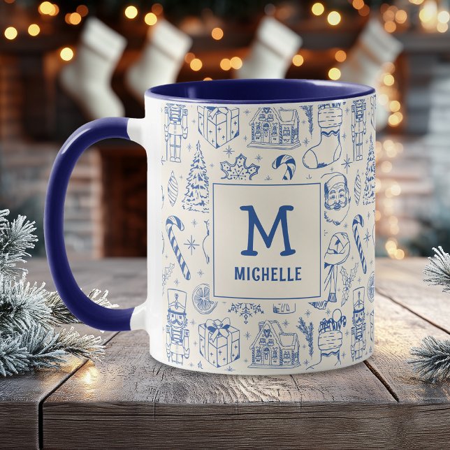 Blue Christmas Doodle Monogram and Name Mug (Creator Uploaded)