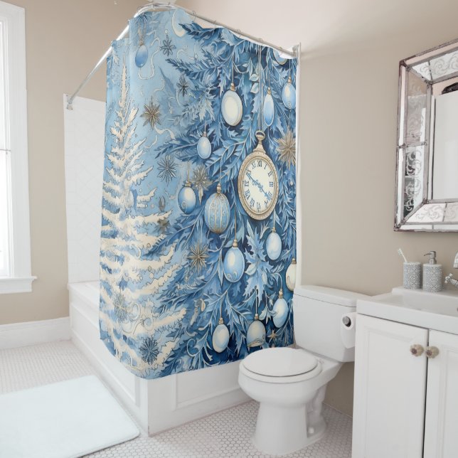 Blue Christmas Ephemera Shower Curtain (In Situ)