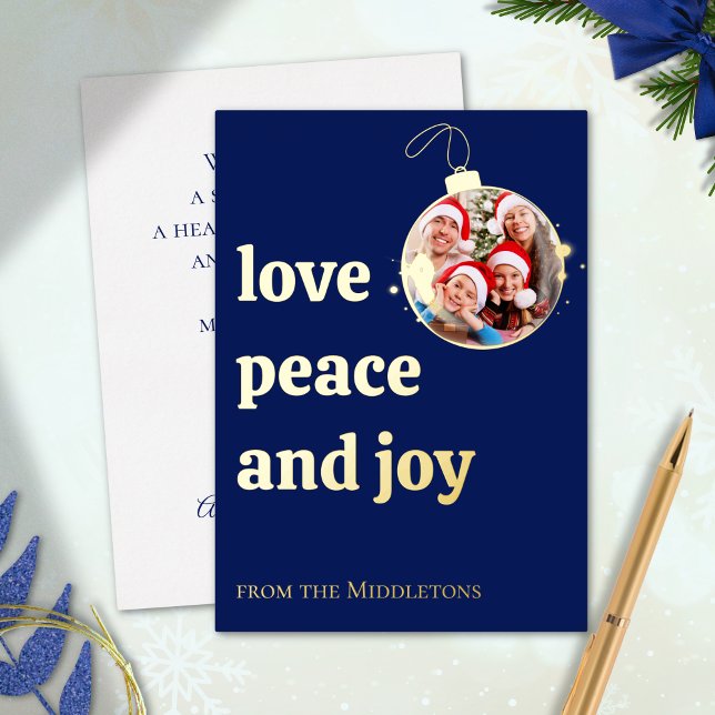 Blue Christmas Family Photo Love Peace Joy Gold Foil Holiday Card (Creator Uploaded)