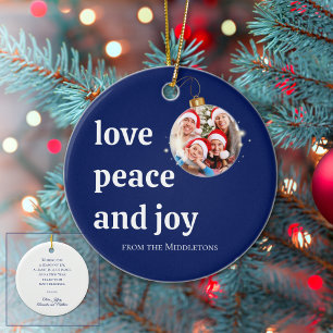 Blue Christmas Family Photo Love Peace Joy Holiday Ceramic Tree Decoration