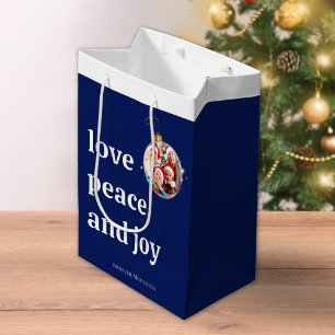 Blue Christmas Family Photo Love Peace Joy Holiday Medium Gift Bag
