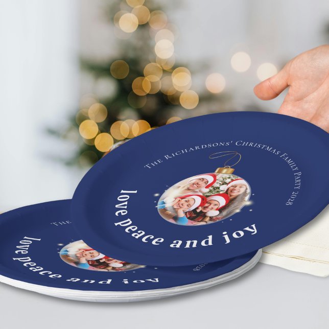 Blue Christmas Family Photo Love Peace Joy Holiday Paper Plate (Creator Uploaded)