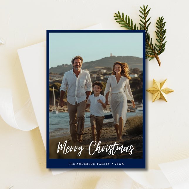 Blue Christmas Family Photo Nautical Greetings Holiday Card (Creator Uploaded)