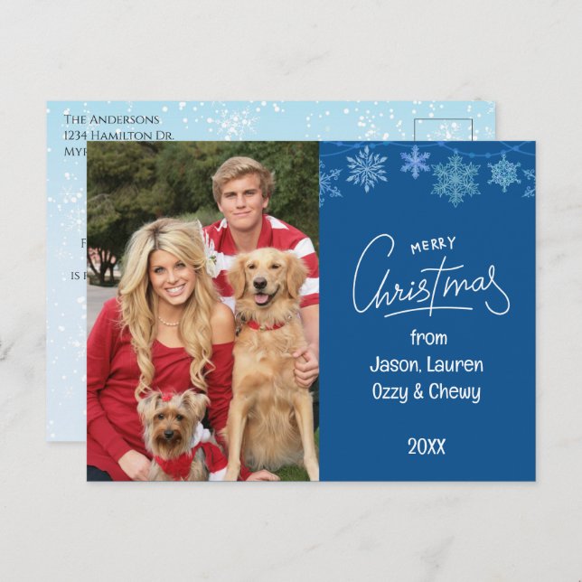 Blue Christmas Family Photo Pets Message Holiday Postcard (Front/Back)