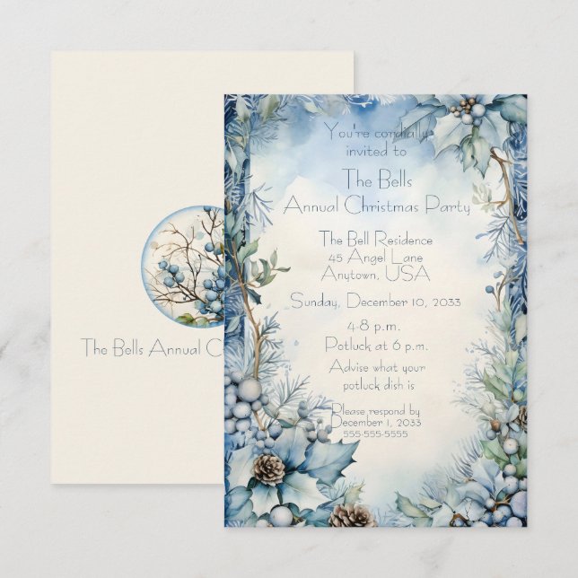 Blue Christmas Flowers Annual Christmas Party  Invitation (Front/Back)