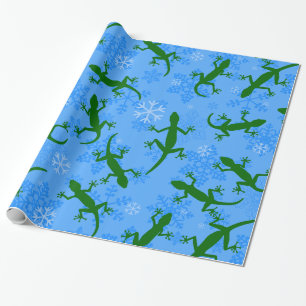 blue christmas geckos reptile snowflakes wrapping paper
