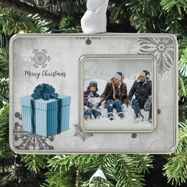 Blue Christmas Gift Holiday Photo Silver Plated Framed Ornament (Blue Christmas Gift Holiday Ornament)
