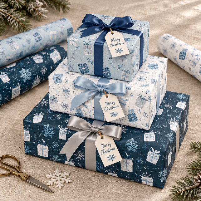 Blue Christmas Gift Set with Snowflakes & Presents Wrapping Paper Sheet (Creator Uploaded)