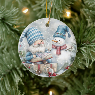 Blue Christmas Gnome Ceramic Tree Decoration