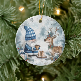 Blue Christmas Gnome Ceramic Tree Decoration