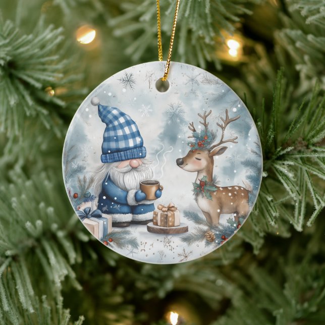 Blue Christmas Gnome  Ceramic Tree Decoration (Tree)
