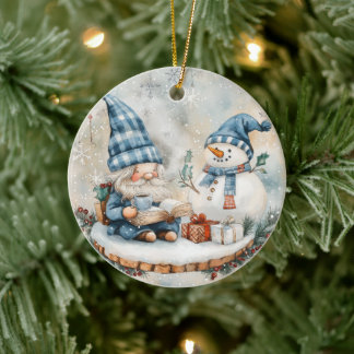 Blue Christmas Gnome Ceramic Tree Decoration