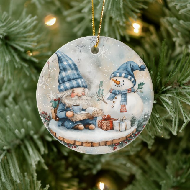 Blue Christmas Gnome  Ceramic Tree Decoration (Tree)