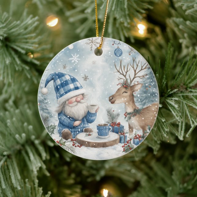 Blue Christmas Gnome  Ceramic Tree Decoration (Tree)