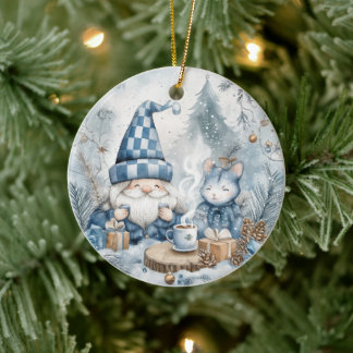 Blue Christmas Gnome Ceramic Tree Decoration
