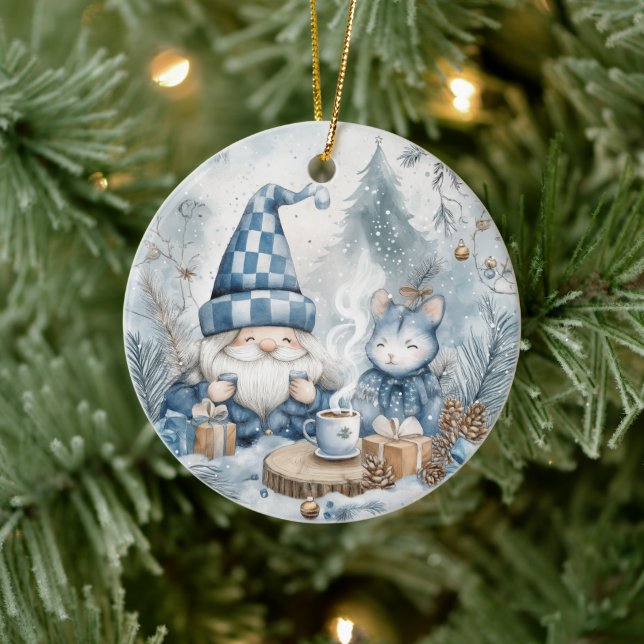 Blue Christmas Gnome  Ceramic Tree Decoration (Tree)