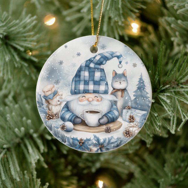 Blue Christmas Gnome  Ceramic Tree Decoration (Tree)