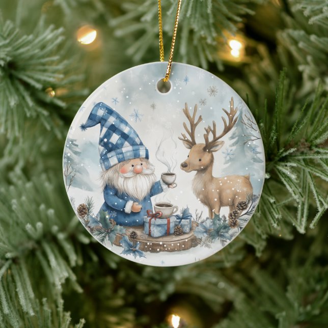 Blue Christmas Gnome  Ceramic Tree Decoration (Tree)