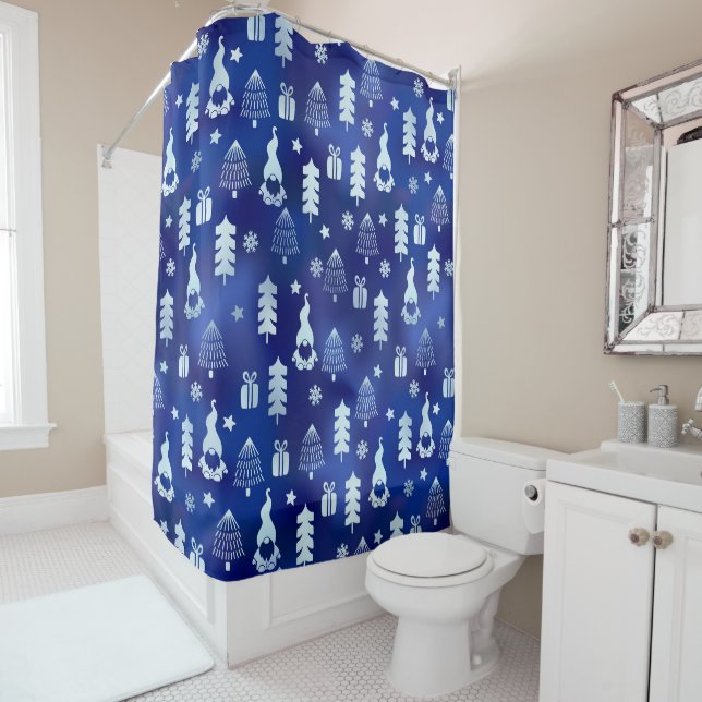 Blue Christmas Gnome Shower Curtain (In Situ)