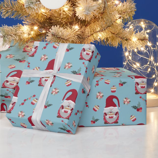 Blue Christmas Gnome with Cake Wrapping Paper (Holidays)