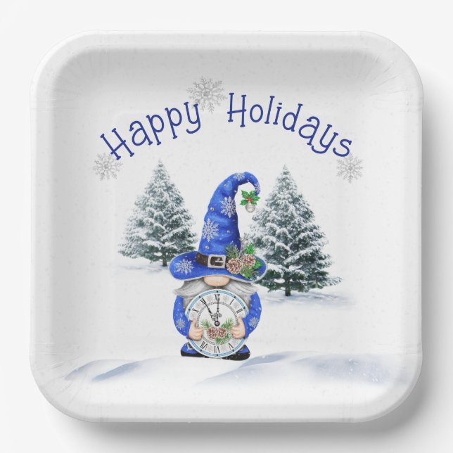 Blue Christmas Gnome with Clock Paper Plate (Front)