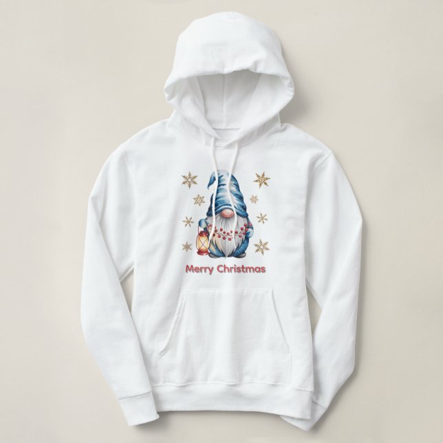 Blue Christmas Gnome with Red Lantern Berries Hoodie (Design Front)