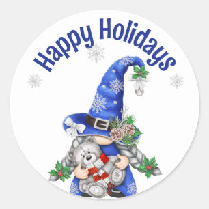 Blue Christmas Gnome with Teddy Bear Classic Round Sticker