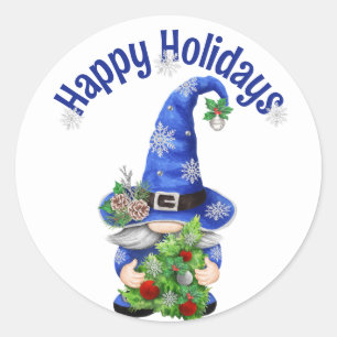 Blue Christmas Gnome with Tree Classic Round Sticker