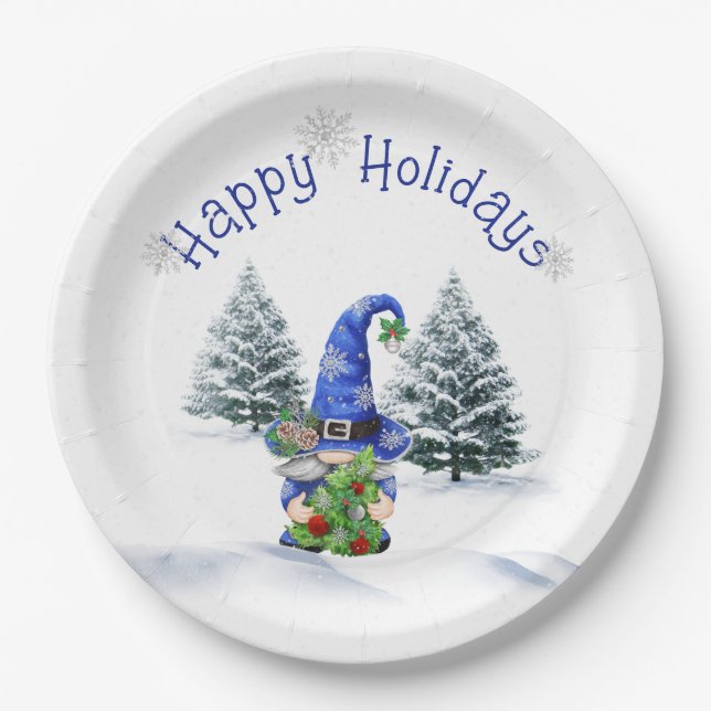 Blue Christmas Gnome with Tree  Paper Plate (Front)