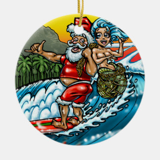 Blue Christmas Hawaiian Surfing Santa Illustration Ceramic Tree Decoration