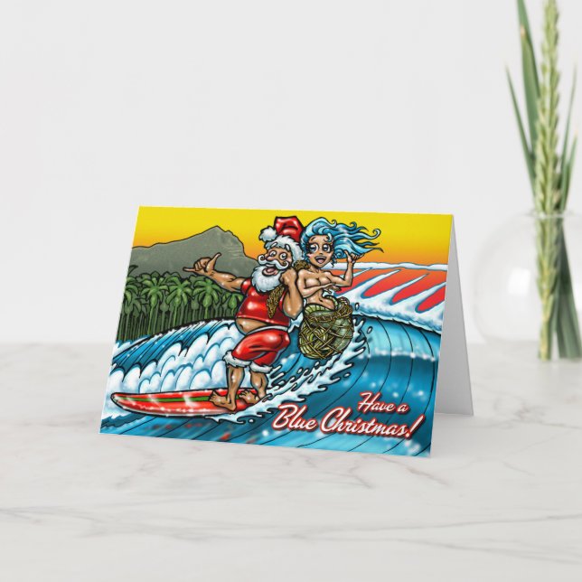 Blue Christmas Hawaiian Surfing Santa Illustration Holiday Card (Front)