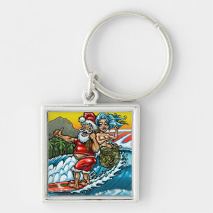 Blue Christmas Hawaiian Surfing Santa Illustration Key Ring