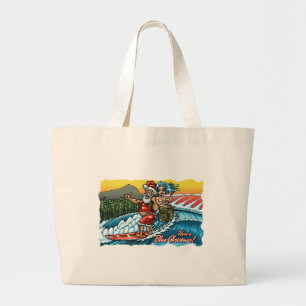 Blue Christmas Hawaiian Surfing Santa Illustration Large Tote Bag