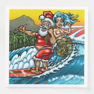 Blue Christmas Hawaiian Surfing Santa Illustration Napkin