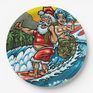 Blue Christmas Hawaiian Surfing Santa Illustration Paper Plate
