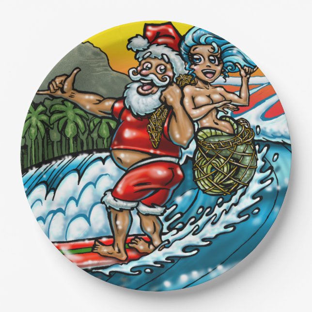 Blue Christmas Hawaiian Surfing Santa Illustration Paper Plate (Front)