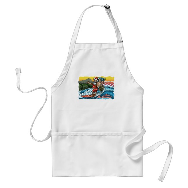 Blue Christmas Hawaiian Surfing Santa Illustration Standard Apron (Front)