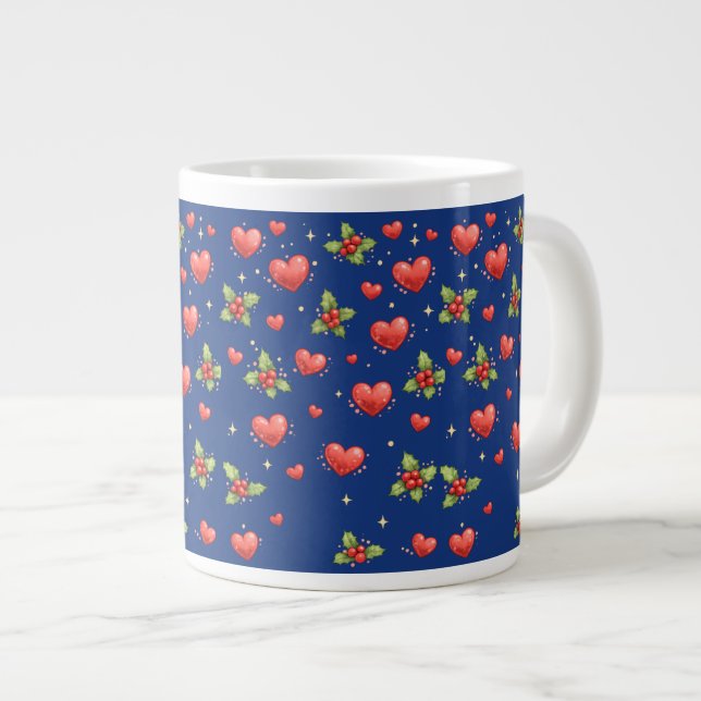 Blue Christmas Hearts & Holly Mug (Front Right)