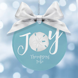 Blue Christmas Holiday Joy Photo Beach Sand Dollar Ornament