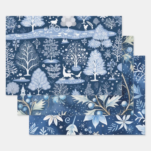 Blue Christmas Holiday Nature Woodland Winter  Wrapping Paper Sheet (Set)