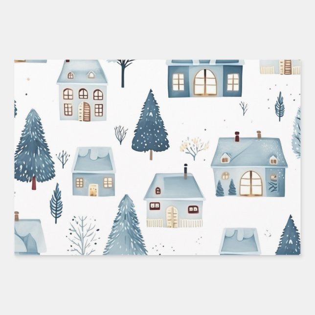 Blue Christmas House and Trees Wrapping Paper Sheet (Front)