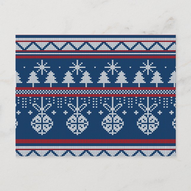 Blue Christmas Knitted Pine Tree and Ornaments Postcard (Front)