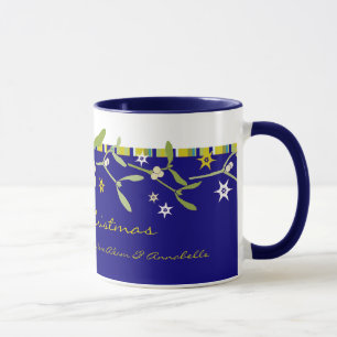 Blue christmas mistletoe and stripes thank you mug