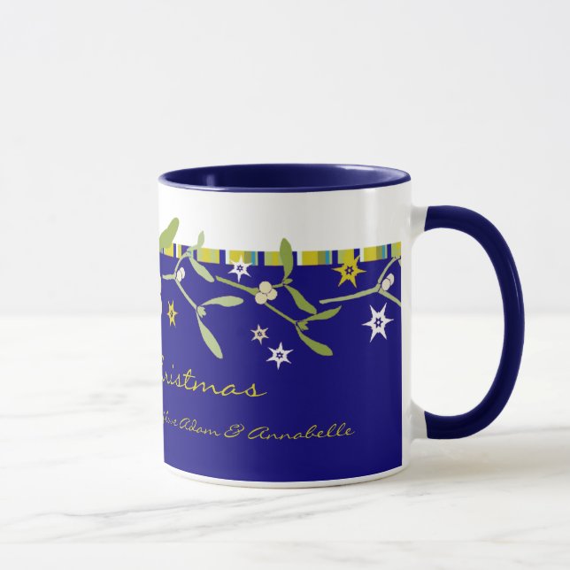 Blue christmas mistletoe and stripes thank you mug (Right)